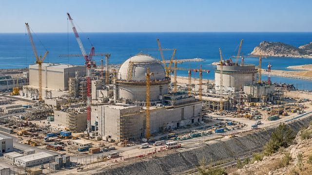 Akdeniz kıyısında inşaatı süren nükleer santral sahası ve vinçler