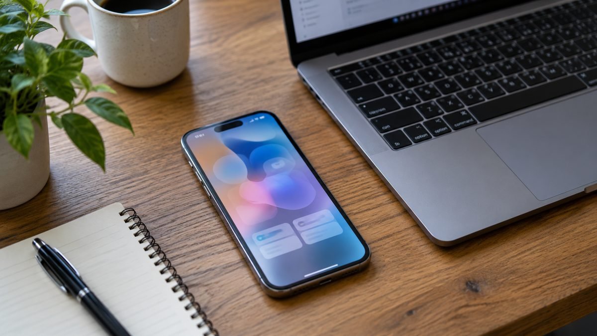 Ahşap bir masa üzerinde dizüstü bilgisayarın yanında duran akıllı telefon