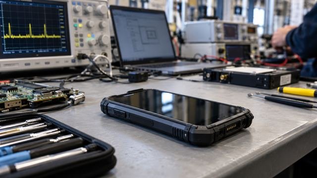 Elektronik test cihazlarıyla dolu bir laboratuvar masasında dayanıklı akıllı telefon