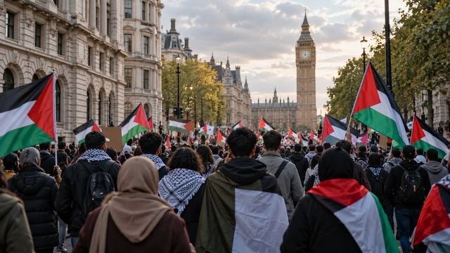 Londra'da Big Ben önünde Filistin bayraklarıyla yürüyen kalabalık