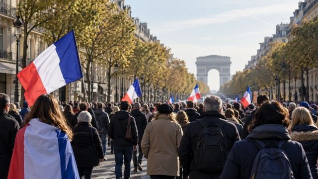 Paris'te Zafer Takı'na uzanan caddede Fransız bayraklarıyla yürüyen protestocular