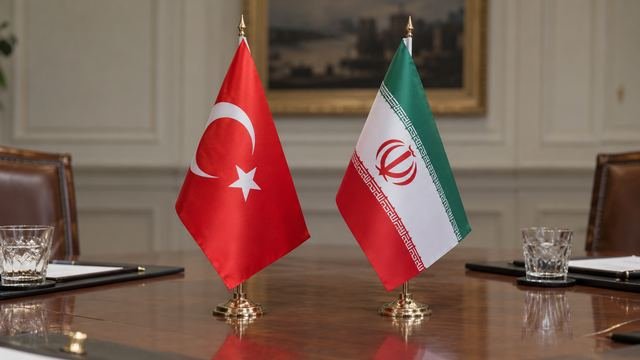 Toplantı masasında yan yana duran Türkiye ve İran masa bayrakları