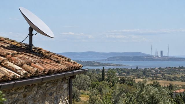 Kiremit çatıya kurulmuş uydu anteni ve uzakta görünen fırlatma rampası