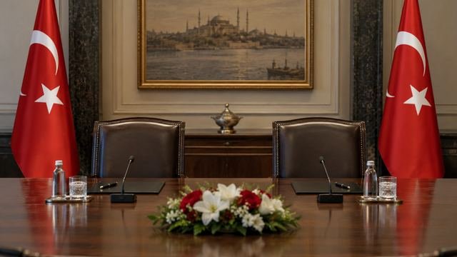 Türk bayraklarıyla çevrili, İstanbul tablosu asılı resmî görüşme salonu