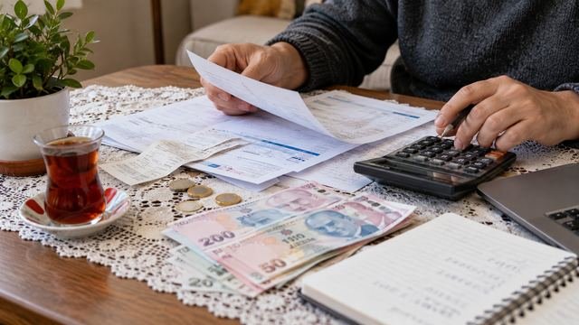 Çay bardağının yanında faturalar, Türk lirası banknotlar ve hesap makinesiyle hesap yapan bir kişi