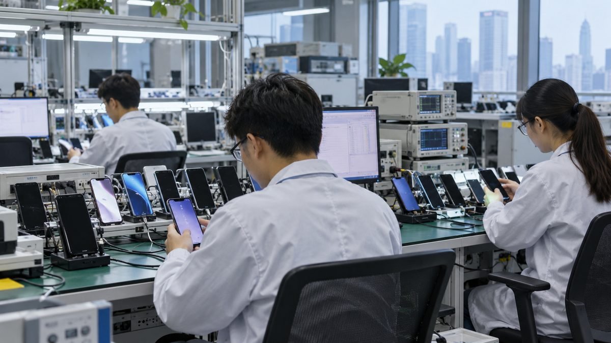 Bir Ar-Ge laboratuvarında akıllı telefonları test eden mühendisler