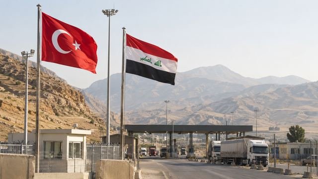 Dağlık arazide Türkiye ve Irak bayraklarının dalgalandığı, tırların geçtiği sınır kapısı