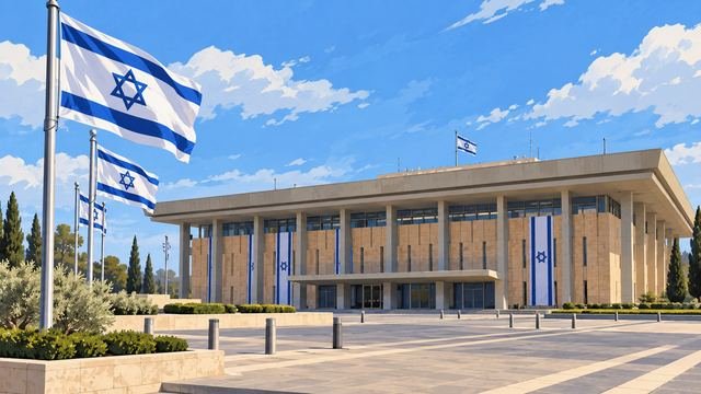 Kudüs'teki İsrail Meclisi Knesset binası ve önünde dalgalanan İsrail bayrakları