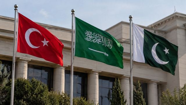 Bir hükümet binası önünde yan yana dalgalanan Türkiye, Suudi Arabistan ve Pakistan bayrakları