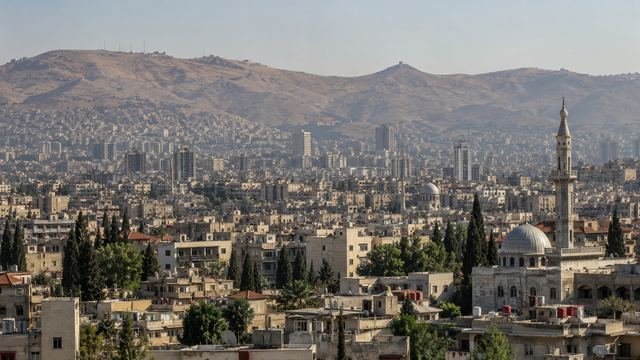 Dağların eteğine yayılmış, minareleri görünen bir Suriye şehri manzarası