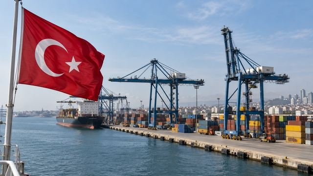 Türk bayrağı dalgalanan, konteyner vinçleriyle dolu bir liman