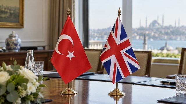 Boğaz manzaralı bir salonda masa üzerinde Türkiye ve Birleşik Krallık bayrakları