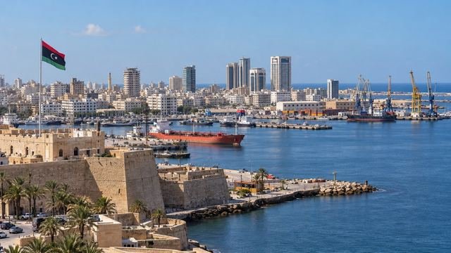 Trablus Limanı ve tarihî kale önünde dalgalanan Libya bayrağı