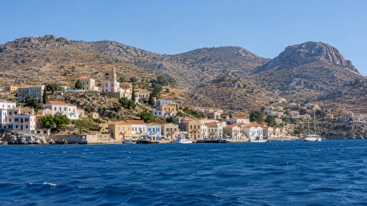 Denizden görünen, renkli taş evleriyle bir Ege adası kıyısı