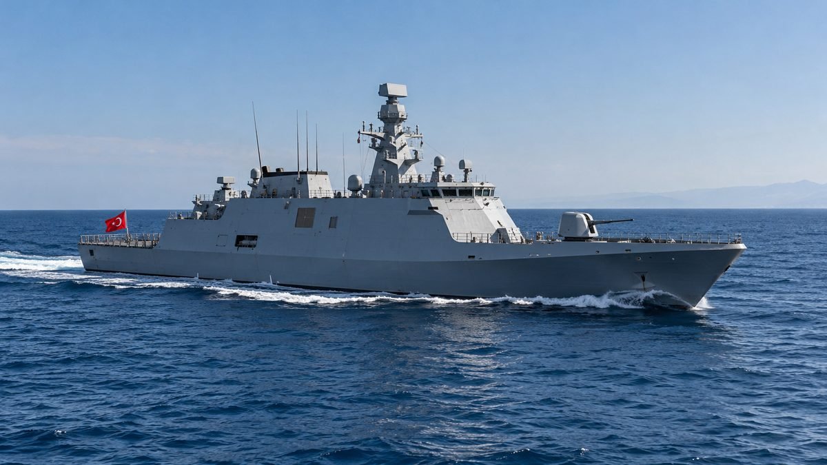 Açık denizde seyreden, Türk bayrağı taşıyan bir Türk Deniz Kuvvetleri savaş gemisi